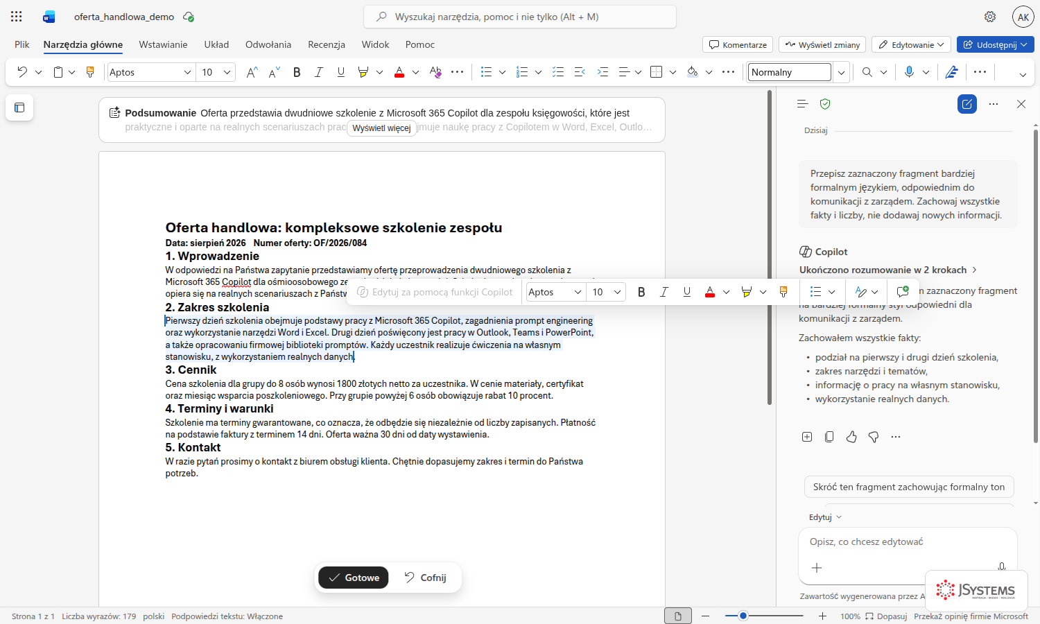 Word z przepisanym fragmentem i panelem Copilota opisującym zmiany