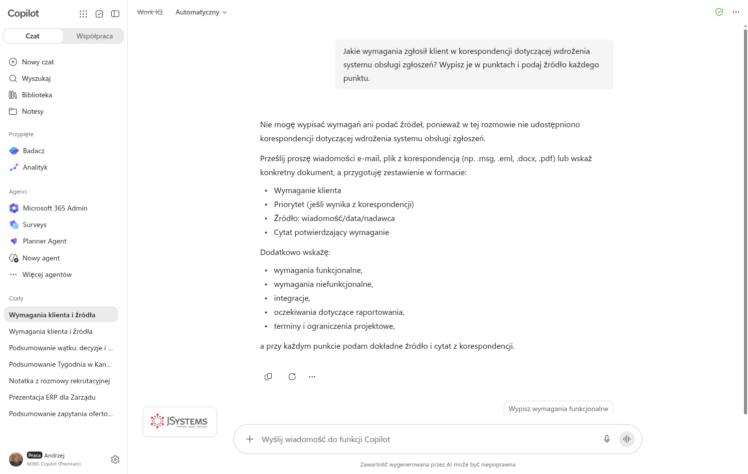 Ten sam prompt po wyłączeniu Work IQ, przycisk w górnym pasku przekreślony, Copilot odpowiada że nie ma dostępu do korespondencji
