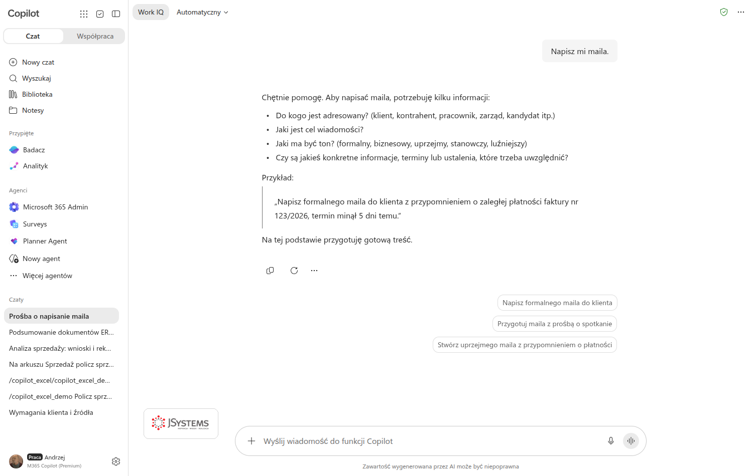 Copilot Chat na koncie z licencją po poleceniu „Napisz mi maila” prosi o wskazanie adresata, celu wiadomości, tonu i konkretnych ustaleń, a na koniec sam podaje przykład dobrze zadanego polecenia