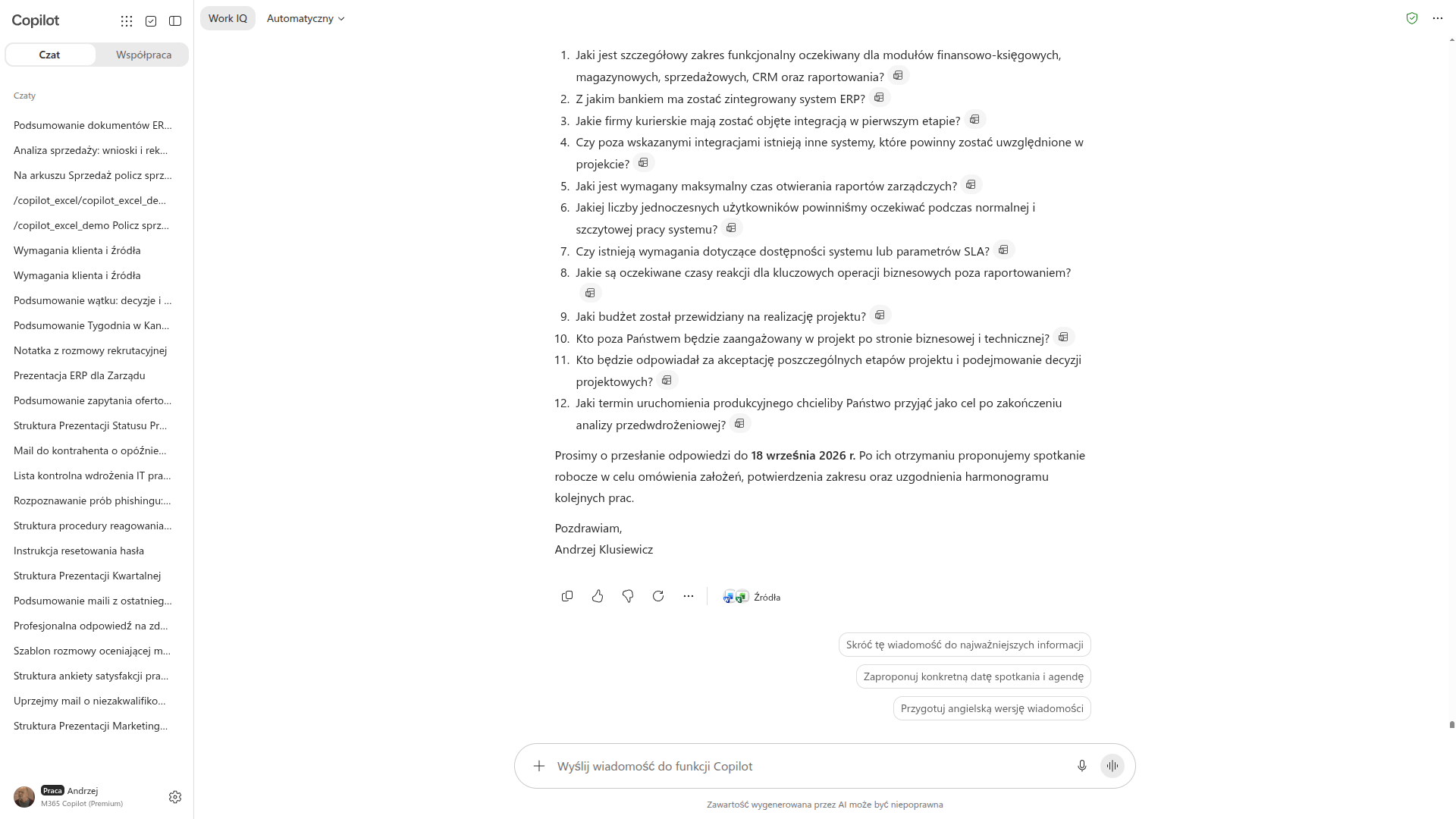 Copilot pisze wiadomość do zespołu klienta z podsumowaniem briefu i listą otwartych pytań wymagających odpowiedzi