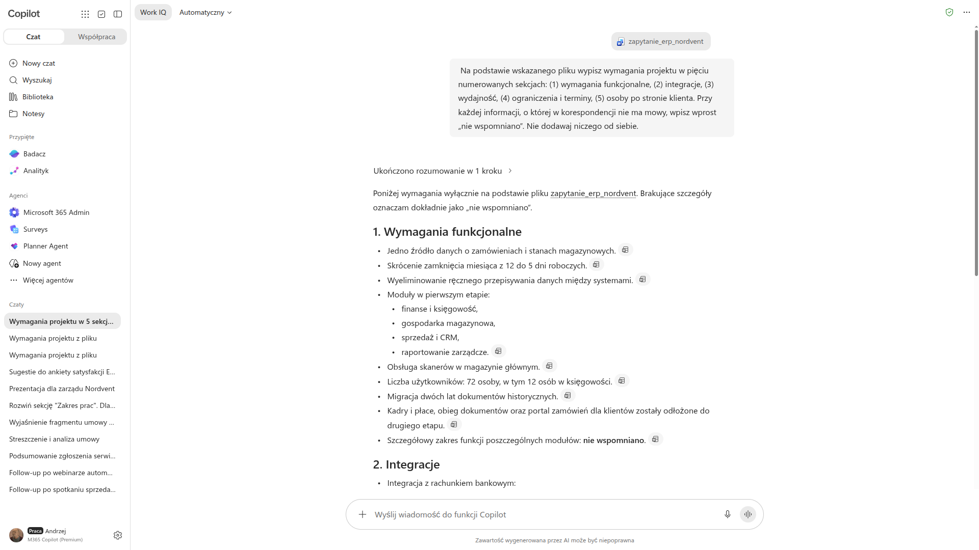 Copilot wypisuje wymagania projektu ERP z korespondencji klienta w pięciu numerowanych sekcjach, z oznaczeniem nie wspomniano