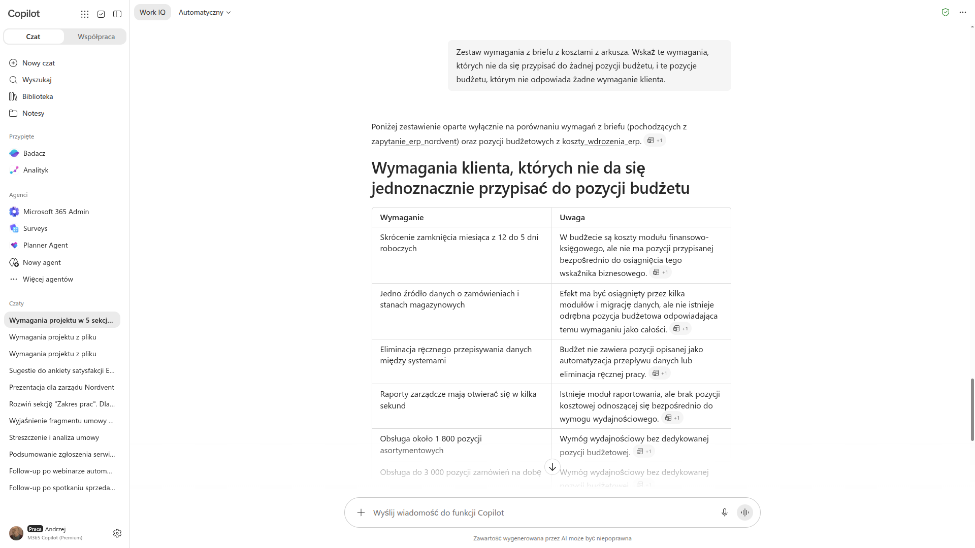 Copilot zestawia wymagania z briefu z pozycjami budżetu i wskazuje, czego nie da się przypisać w obie strony