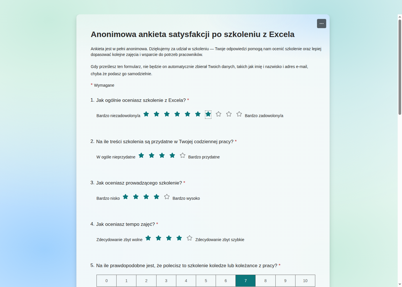 Ankieta w Microsoft Forms otwarta z linku po wyłączeniu rejestrowania nazwisk, z informacją, że formularz nie zbiera danych osobowych