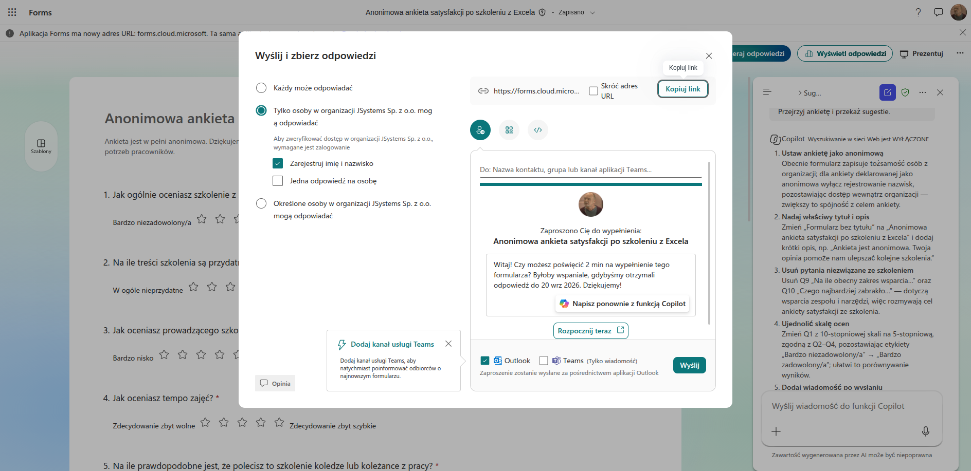 Okno Wyślij i zbierz odpowiedzi w Microsoft Forms z wyborem zasięgu, linkiem, kodem QR i zaproszeniem przez Outlooka