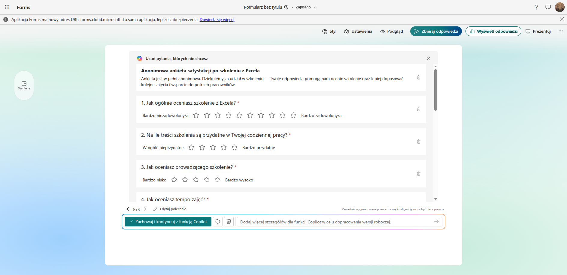 Pytanie o ogólną ocenę szkolenia w Microsoft Forms po zmianie skali z pięciu na dziesięć gwiazdek