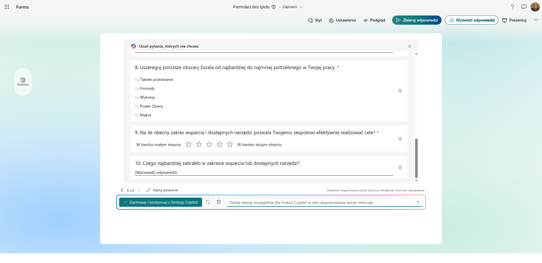 Microsoft Forms przewinięty do pytania o zakres wsparcia w skali od jednego do pięciu i do pytania otwartego o braki