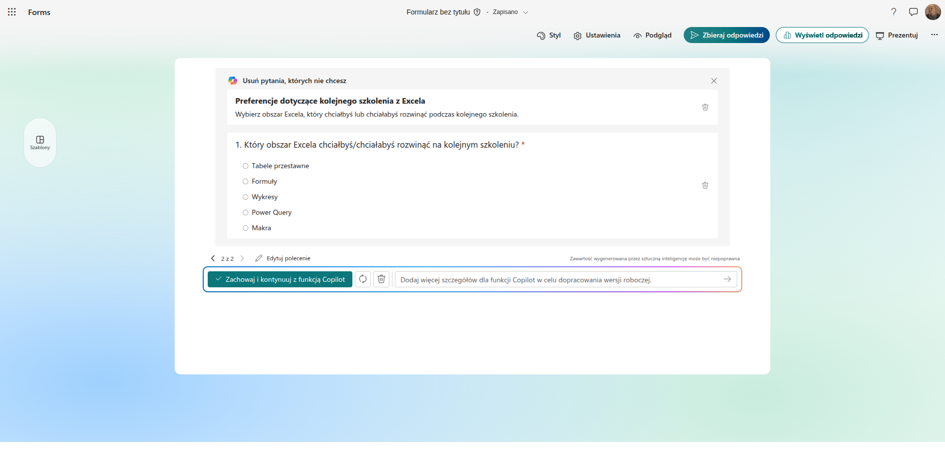 Pytanie o obszar Excela w Microsoft Forms jako wybór jednokrotny, z okrągłymi przyciskami opcji