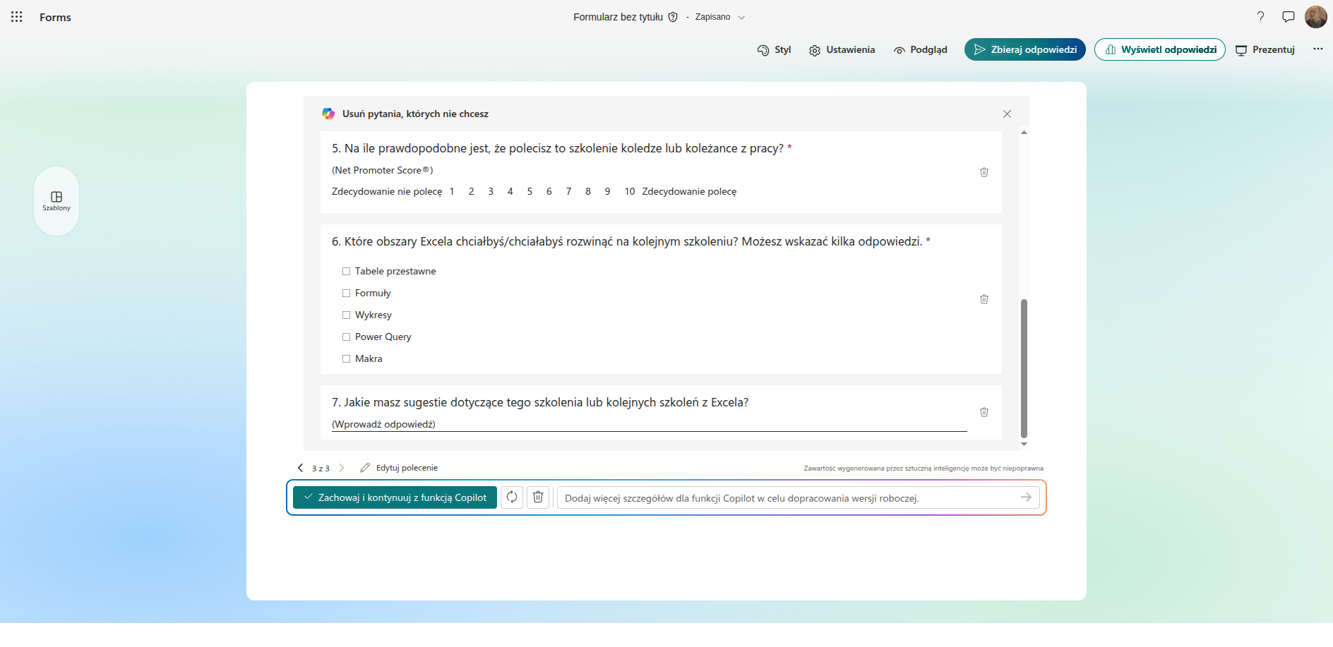 To samo pytanie w Microsoft Forms po zmianie na wybór wielokrotny, z polami wyboru zamiast okrągłych przycisków