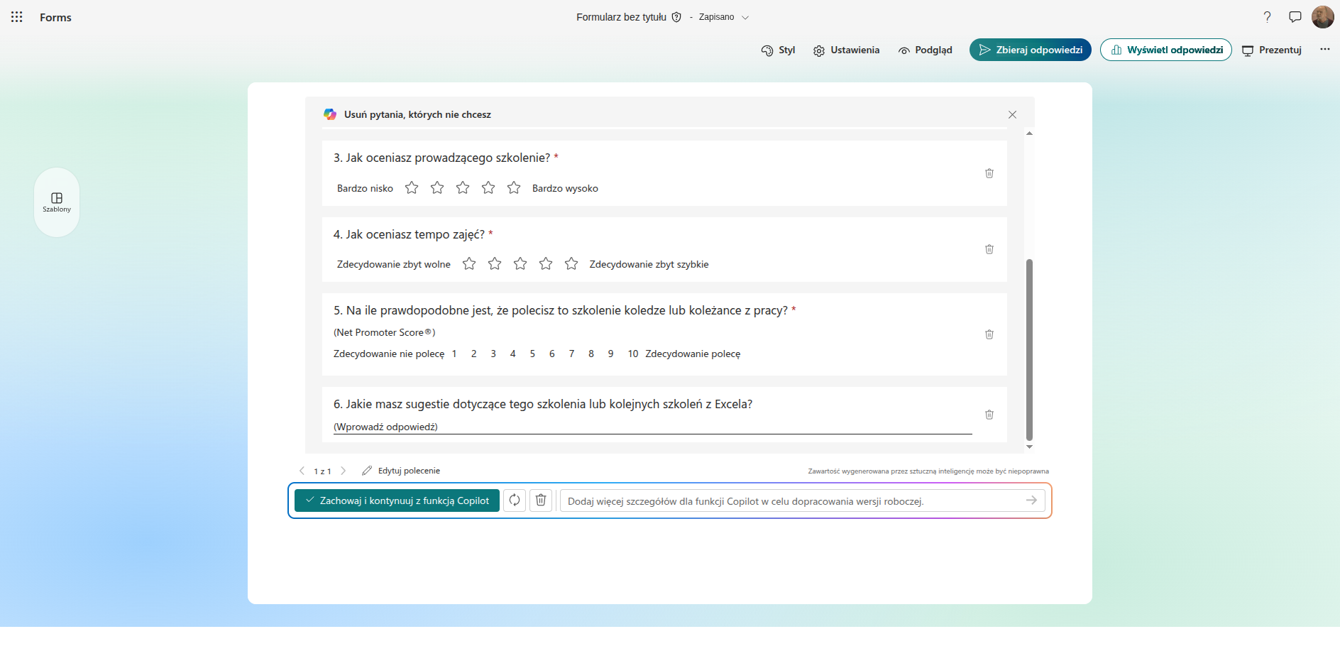Ankieta satysfakcji po szkoleniu wygenerowana przez Copilota w Microsoft Forms, z pytaniami gwiazdkowymi i skalą NPS