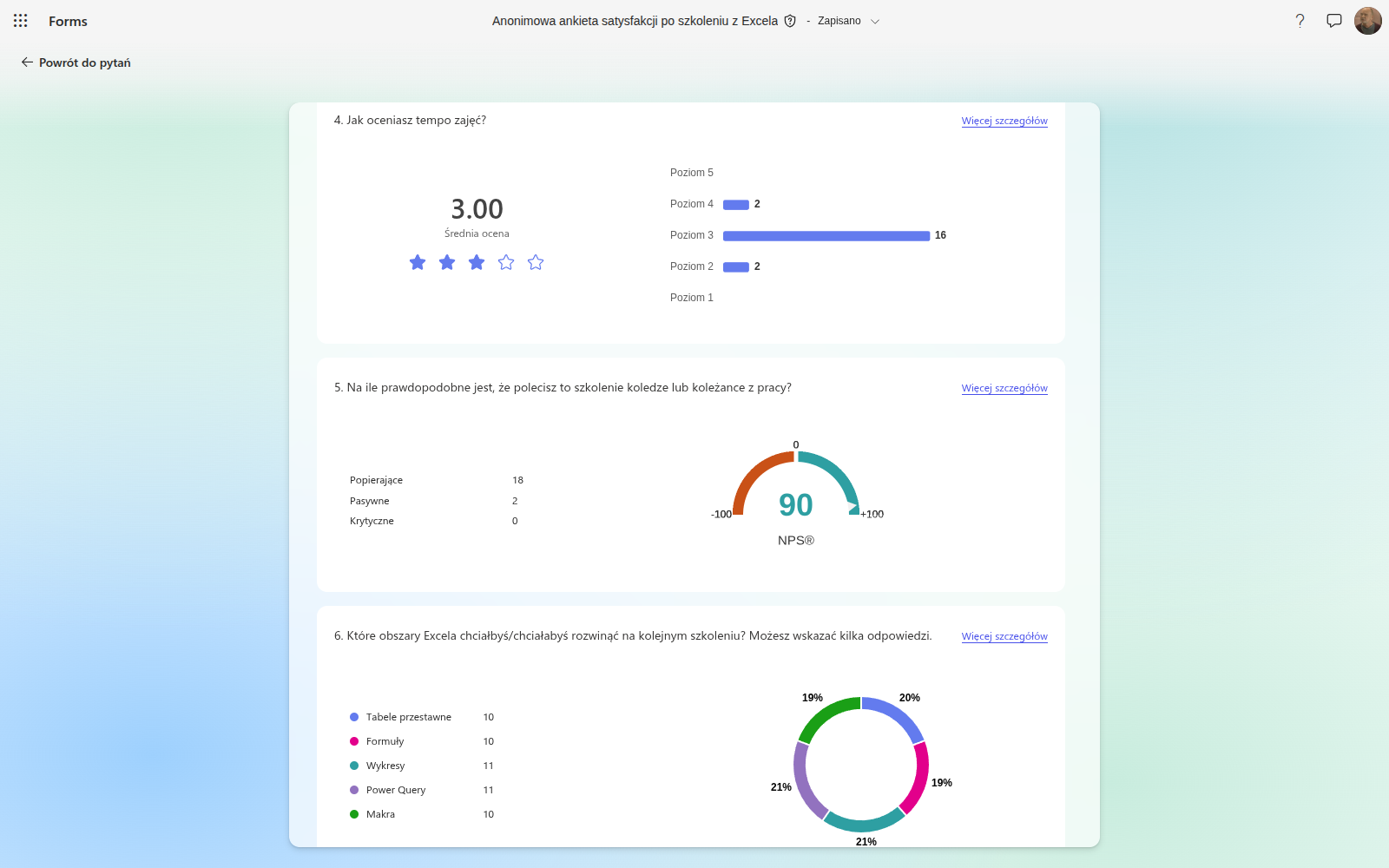 Wyniki ankiety w Microsoft Forms: ocena tempa zajęć, wskaźnik NPS na wykresie półkolistym i rozkład wyboru wielokrotnego na wykresie pierścieniowym