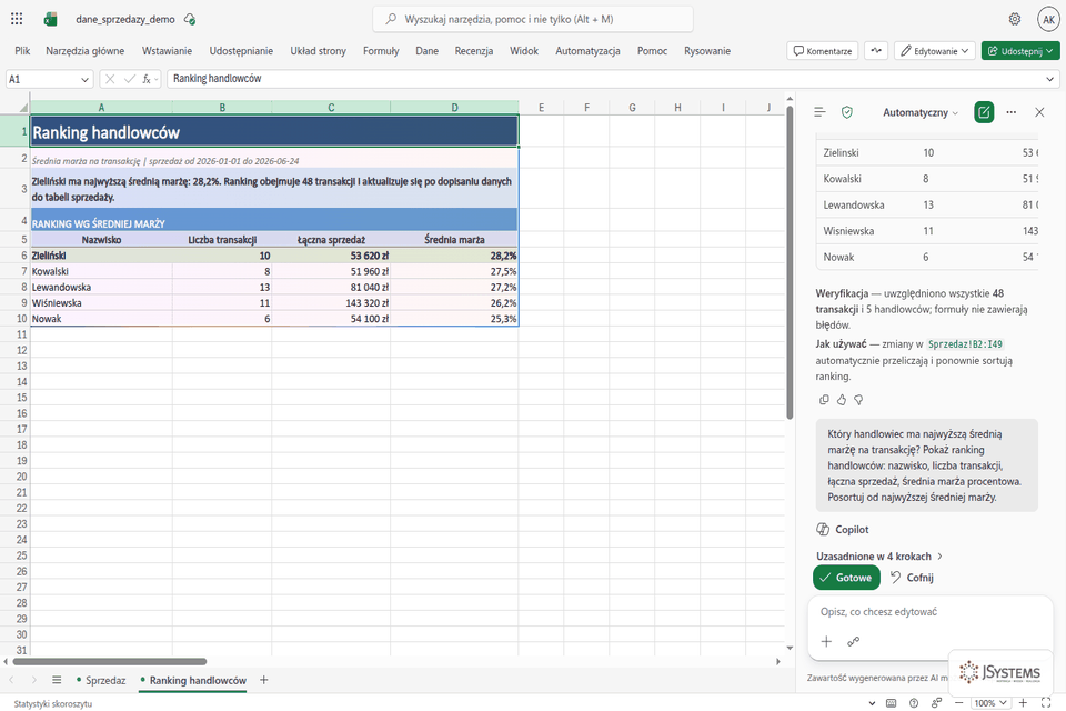 Zrzut z lekcji: Copilot w Excel