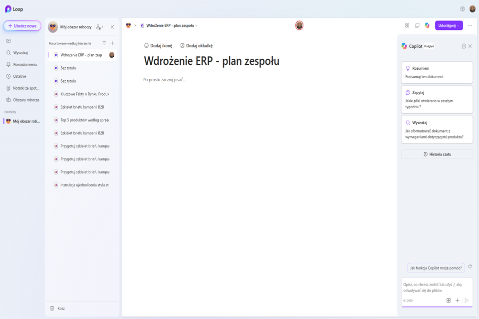 Zrzut z lekcji: Copilot w Microsoft Loop