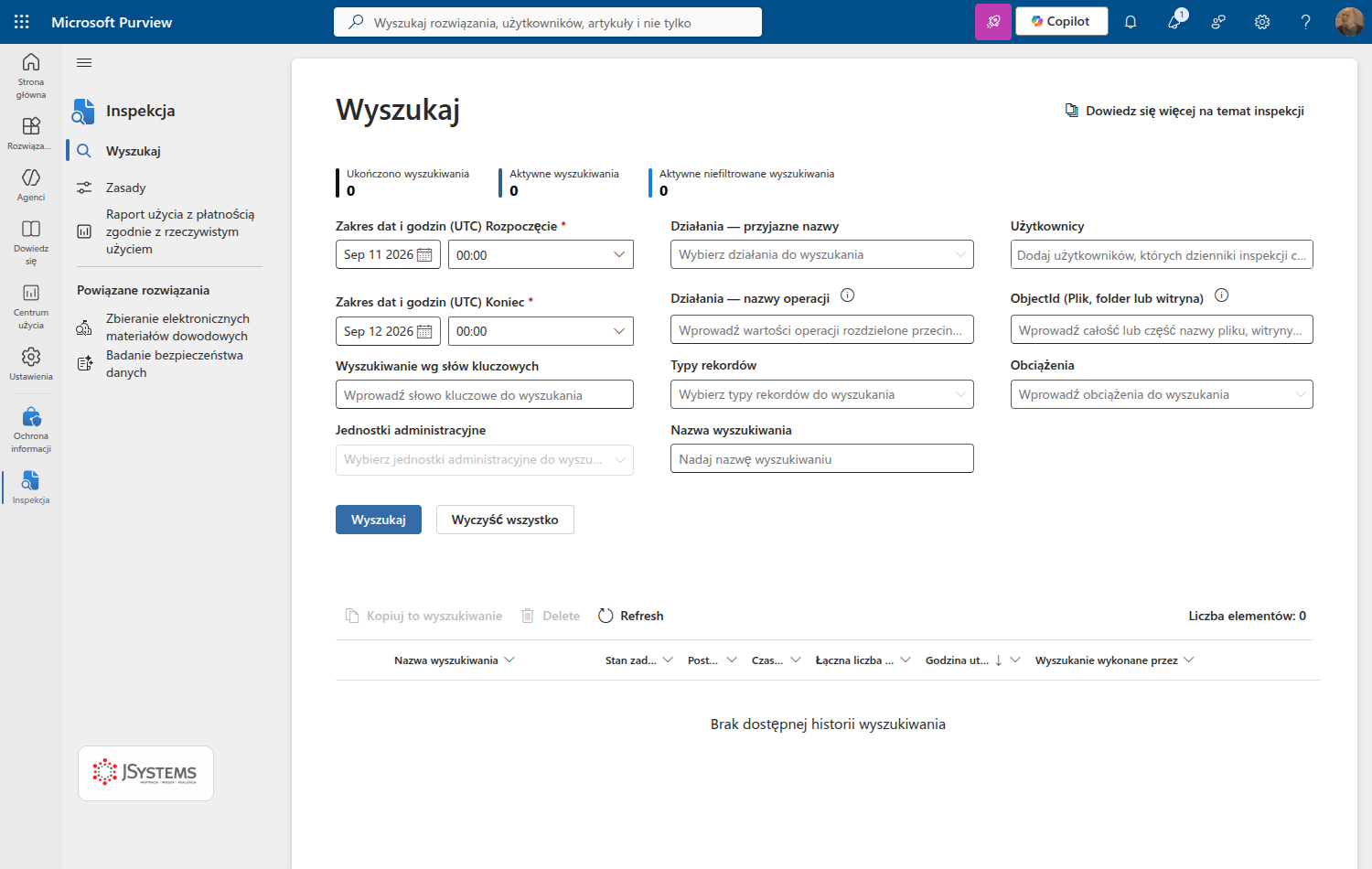 Ekran wyszukiwania w inspekcji Microsoft Purview z filtrami zakresu dat, działań, użytkowników i typów rekordów oraz lewym panelem z pozycjami Ochrona informacji i Inspekcja