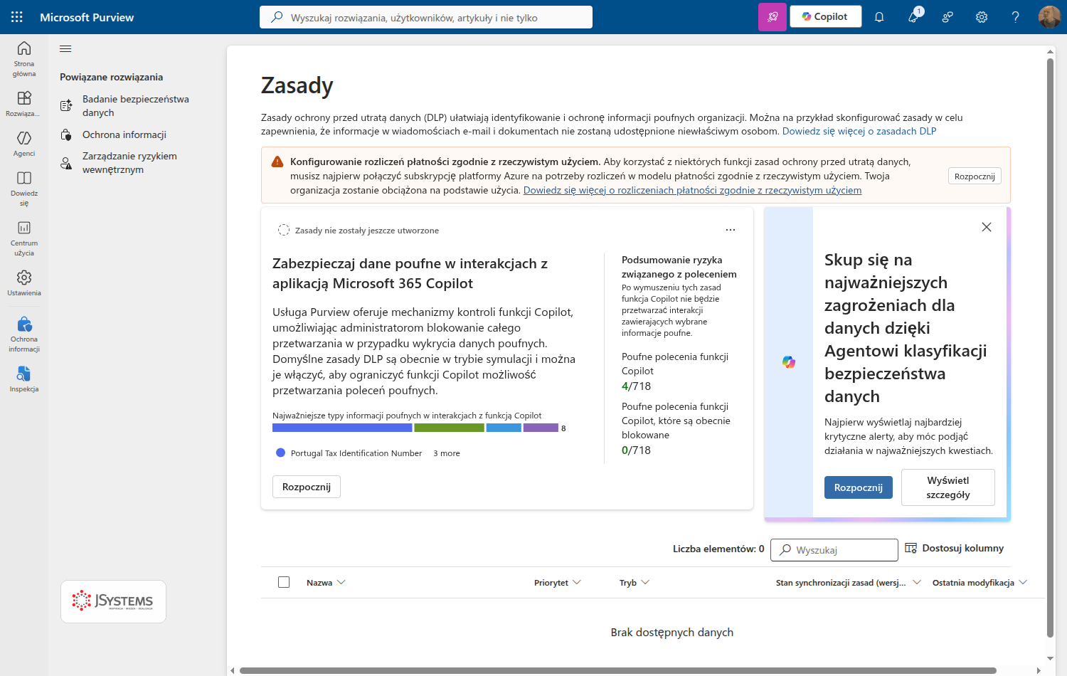 Lista zasad ochrony przed utratą danych w portalu Microsoft Purview z opisem, do czego służą zasady DLP, i lewym panelem z Ochroną informacji