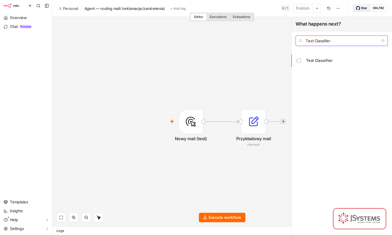 Panel dodawania węzła w n8n z wpisaną frazą Text Classifier i wynikiem Text Classifier