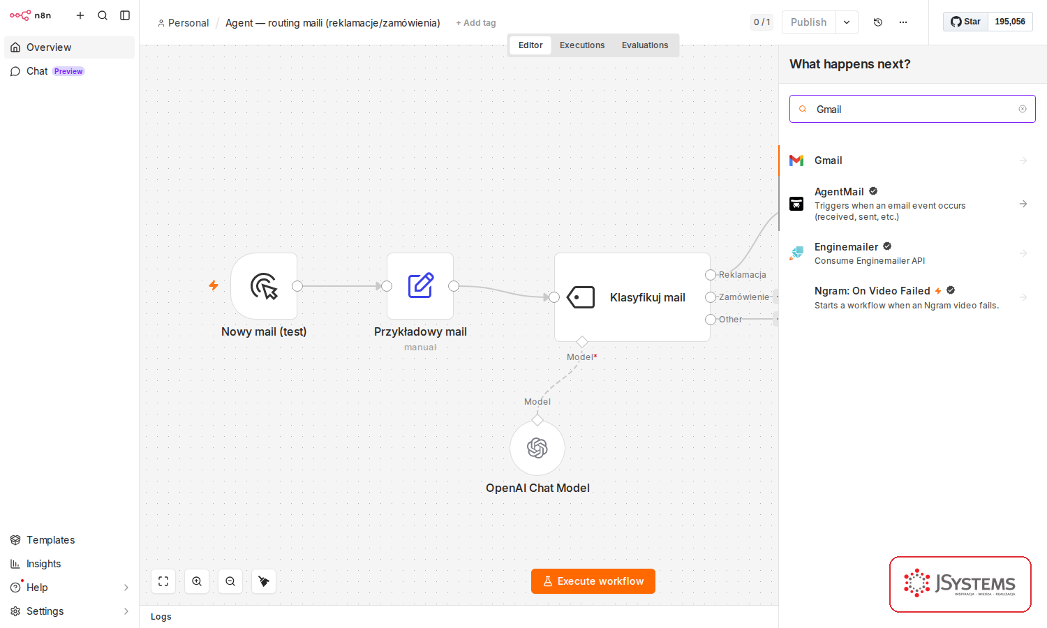 Panel dodawania węzła w n8n z wpisaną frazą Gmail i wynikiem Gmail