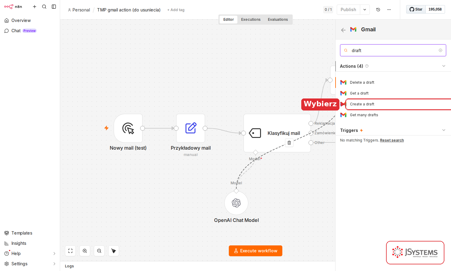 Lista akcji węzła Gmail w n8n przefiltrowana frazą draft, z zaznaczoną akcją Create a draft