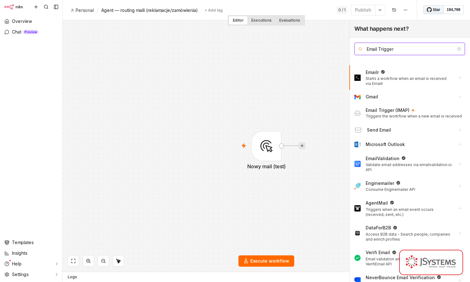 Panel dodawania węzła w n8n z wynikami Email Trigger (IMAP) i Gmail dla wyszukanej frazy Email Trigger
