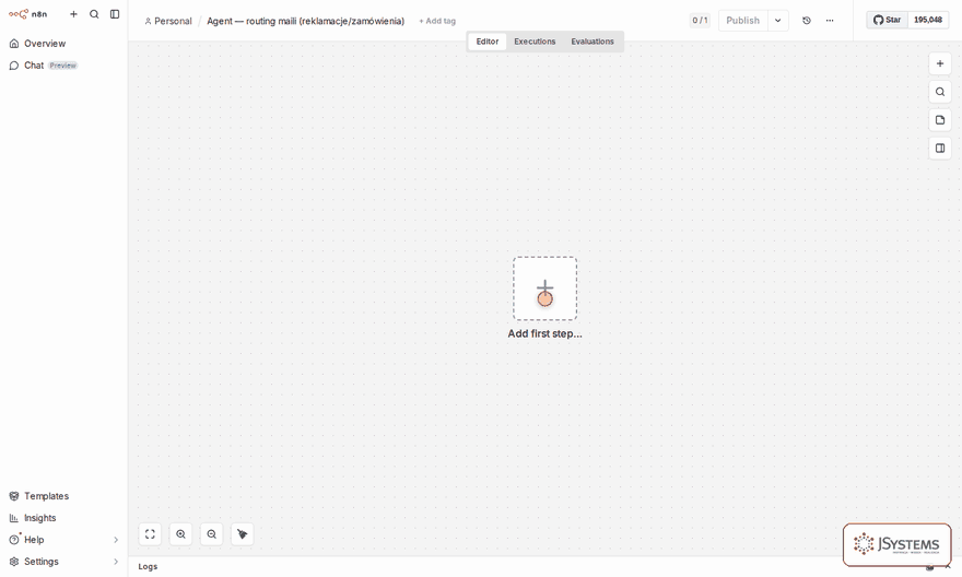 Animacja w n8n: pusta kanwa, kliknięcie Add first step, wyszukanie i wybór wyzwalacza Email Trigger (IMAP)