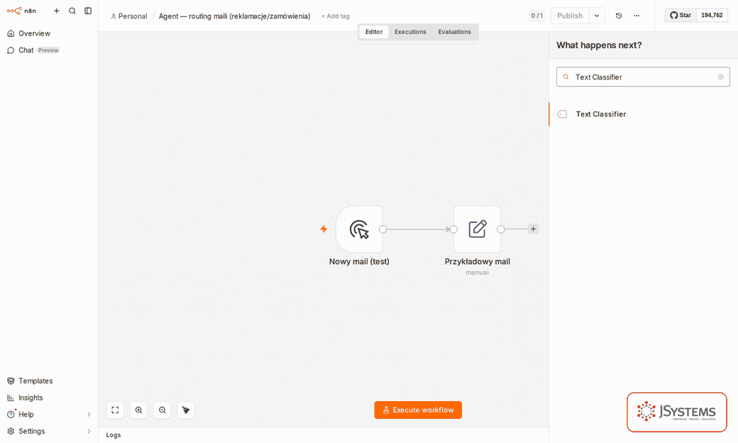 Animacja: konfiguracja węzła Text Classifier i podpiętego modelu językowego w n8n