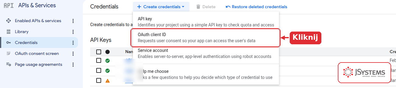 Menu Create credentials w Google Cloud Console (APIs and Services, sekcja Credentials) z zaznaczoną pozycją OAuth client ID
