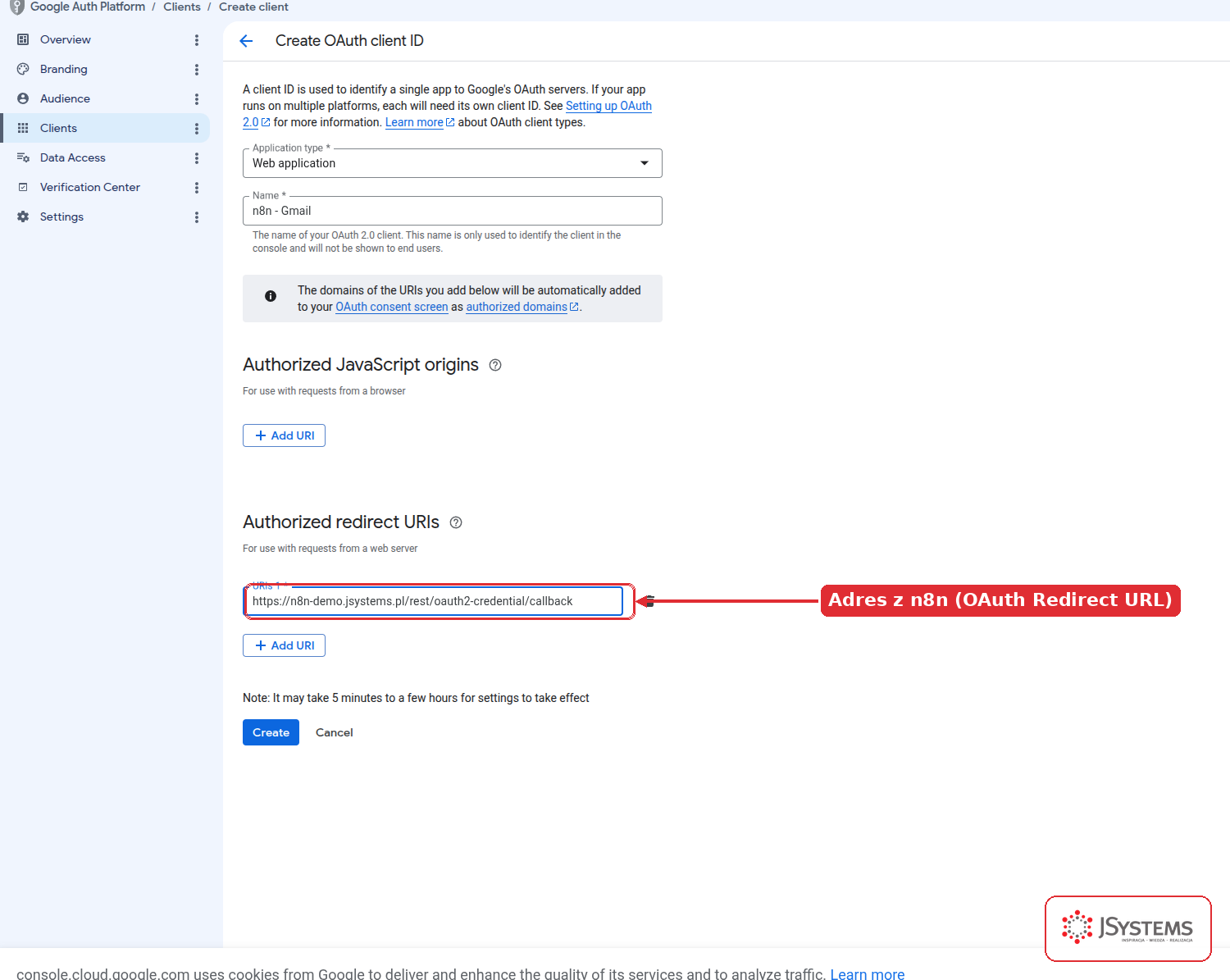Formularz tworzenia klienta OAuth Web application w Google Cloud Console z adresem przekierowania n8n wklejonym w polu Authorized redirect URIs