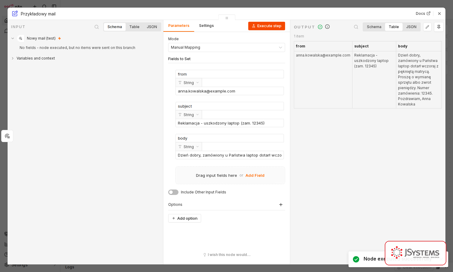 Węzeł Edit Fields w n8n po Execute step - panel Output z jednym elementem: kolumny from, subject i body wypełnione danymi przykładowej reklamacji