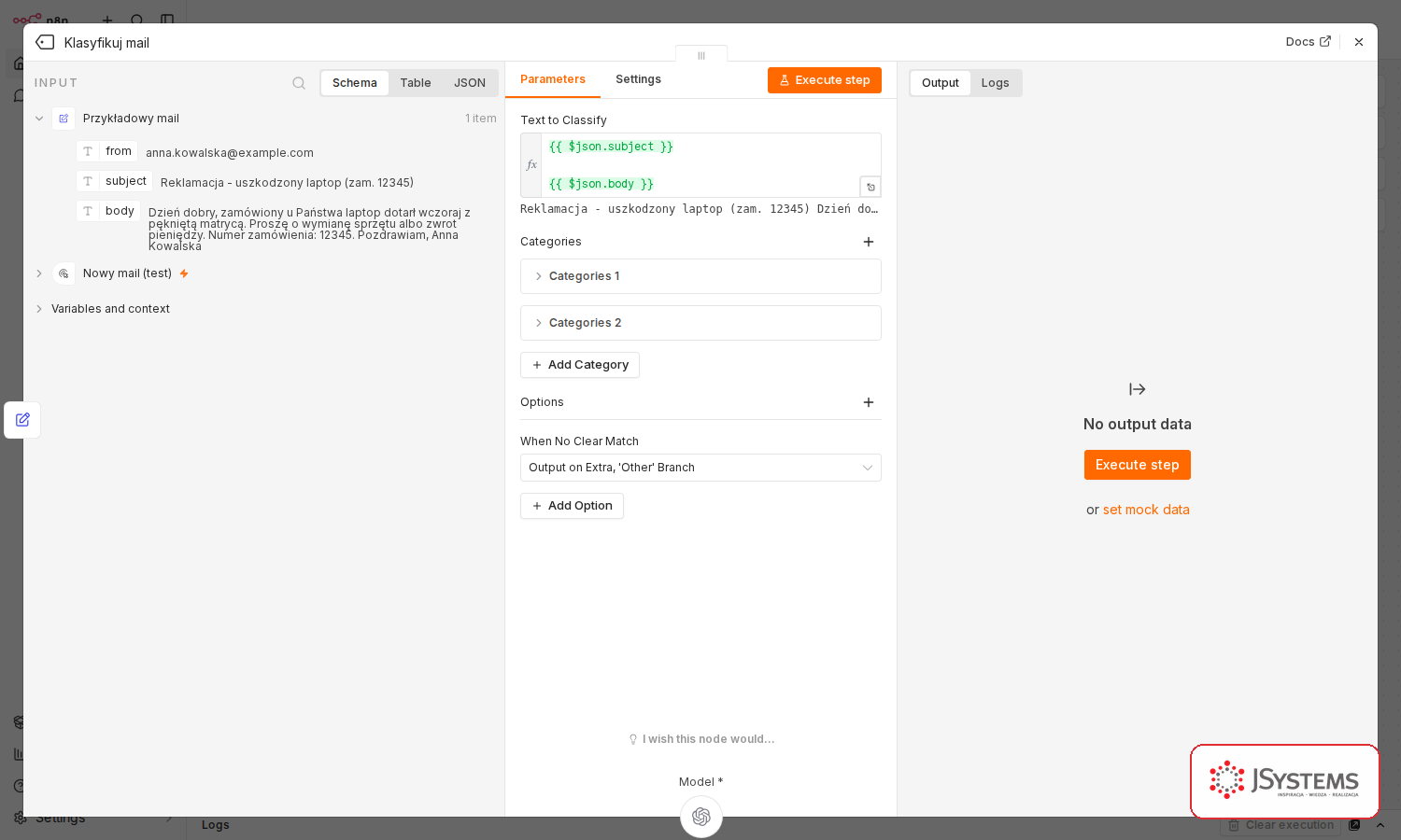 Węzeł Text Classifier w n8n - tekst do klasyfikacji, dwie kategorie zwinięte oraz When No Clear Match ustawione na Output on Extra Other Branch