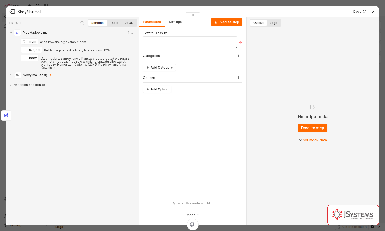 Węzeł Text Classifier w n8n - w środku puste Text to Classify i brak kategorii, a po lewej w panelu Input dane z poprzedniego węzła: from, subject, body