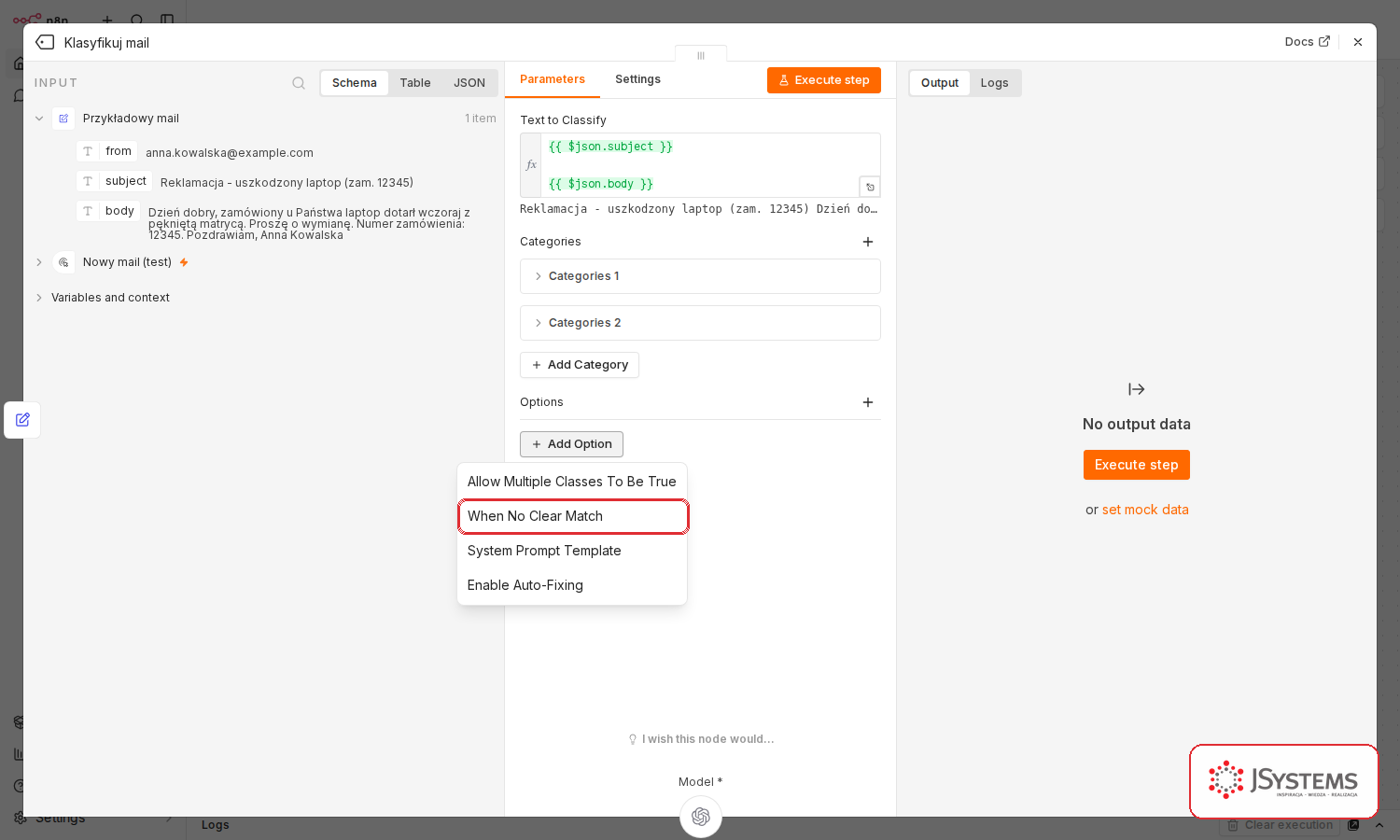 Menu Add Option w węźle Text Classifier w n8n z pozycją When No Clear Match do wyboru