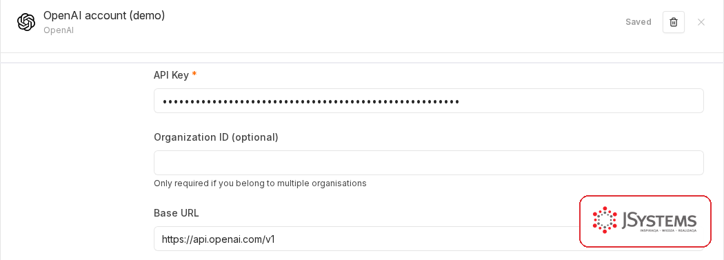 Edytor poświadczenia OpenAI w n8n z polem API Key ukrytym kropkami, Organization ID i Base URL https://api.openai.com/v1