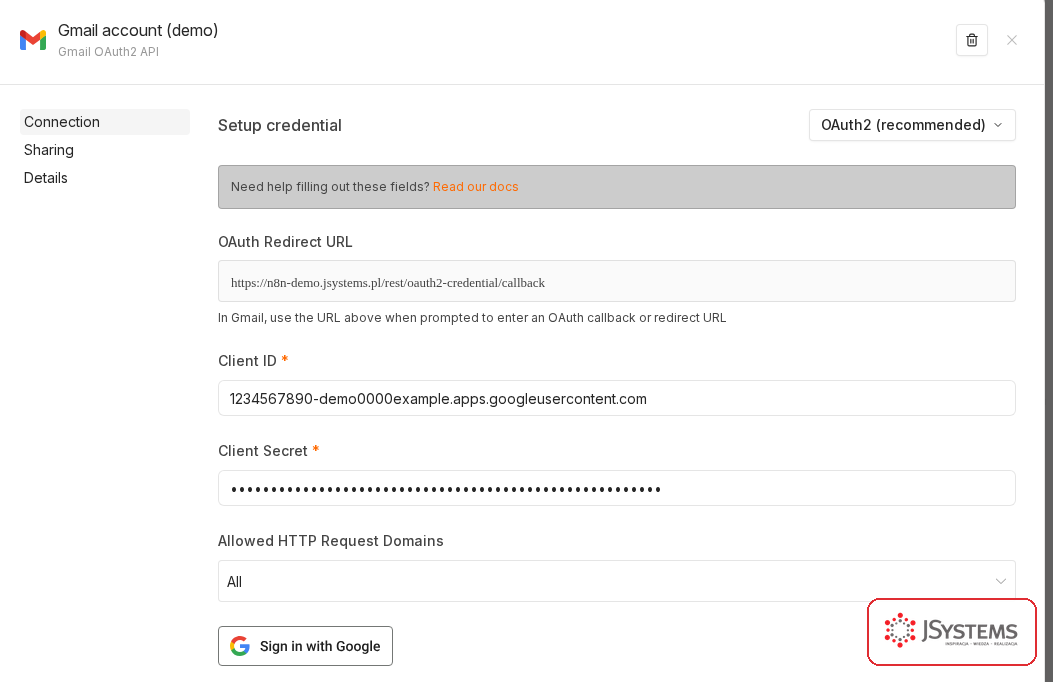 Edytor poświadczenia Gmail OAuth2 API w n8n - metoda OAuth2 recommended, OAuth Redirect URL, przykładowe Client ID, ukryty Client Secret i przycisk Sign in with Google
