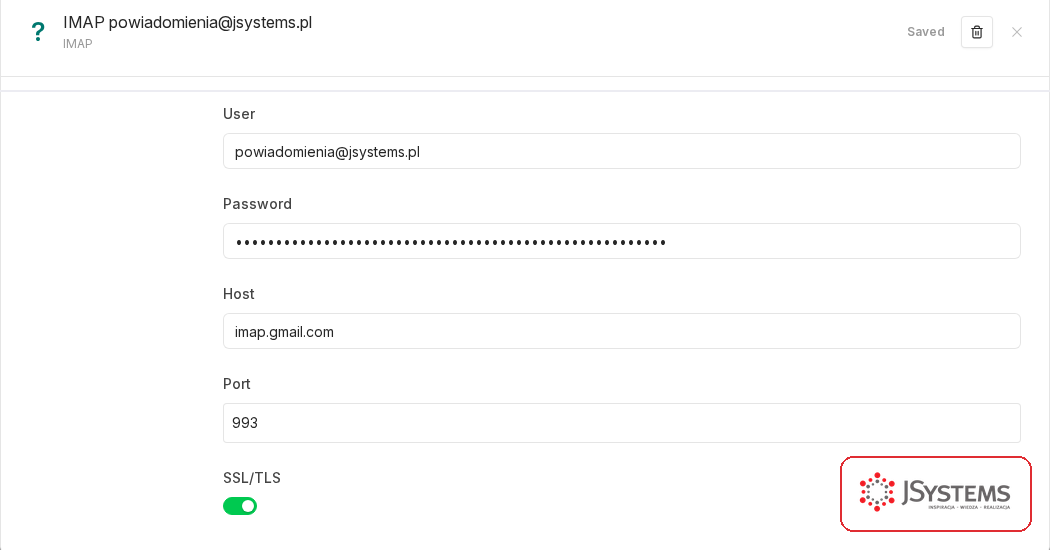 Edytor poświadczenia IMAP w n8n z wprowadzonymi danymi - User powiadomienia@jsystems.pl, Password ukryte kropkami, Host imap.gmail.com, Port 993 oraz przełącznik SSL/TLS