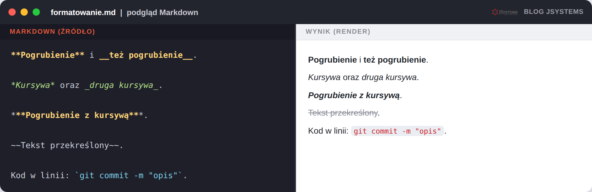 Źr&oacute;dło i wynik: pogrubienie, kursywa, pogrubienie z kursywą, przekreślenie i kod w linii.
