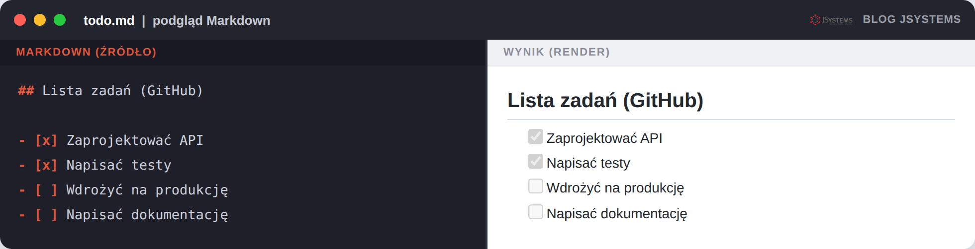 Źr&oacute;dło i wynik: lista zadań z polami zaznaczonymi i pustymi.