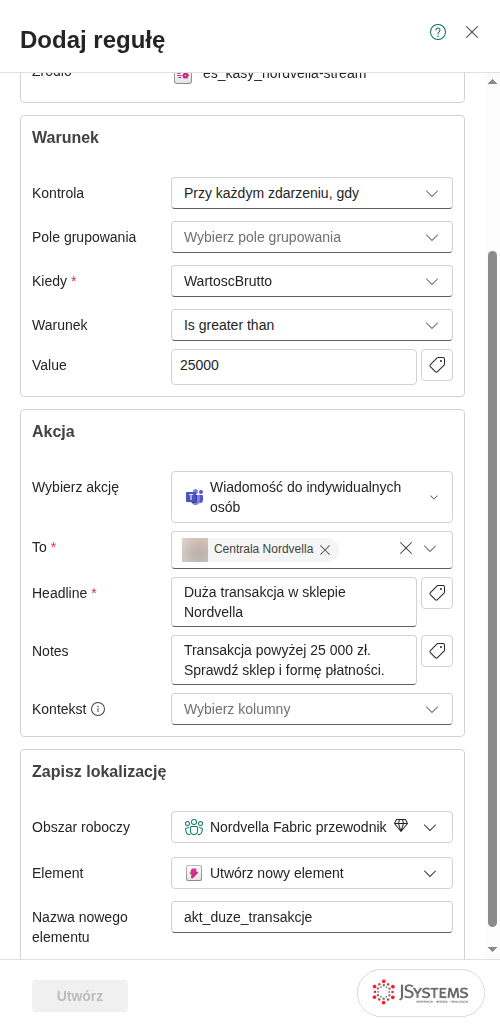 Panel Dodaj regułę Aktywatora w Fabric: warunek WartoscBrutto większe niż 25000 i wiadomość do odbiorców