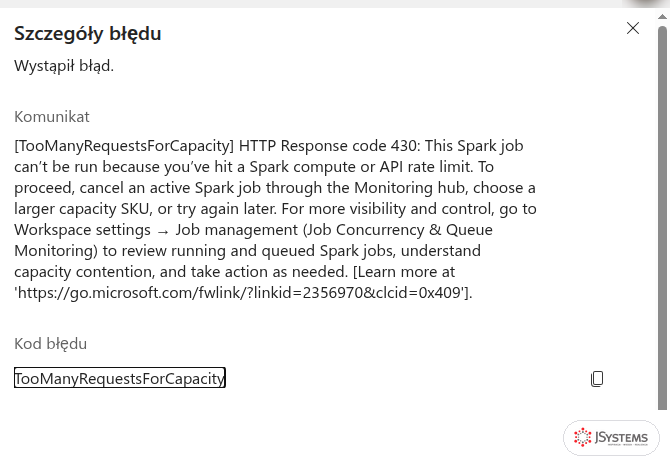 Szczegóły błędu TooManyRequestsForCapacity HTTP 430 w Fabric: osiągnięto limit mocy obliczeniowej Spark