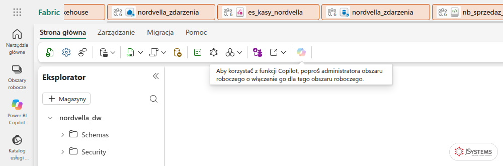 Nieaktywny przycisk Copilot w magazynie Fabric na pojemności próbnej z podpowiedzią o włączeniu przez administratora