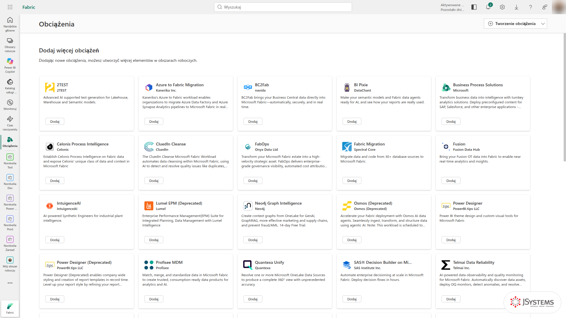 Strona Obciążenia w Microsoft Fabric z kafelkami dodatkowych obciążeń partnerów do dodania w organizacji