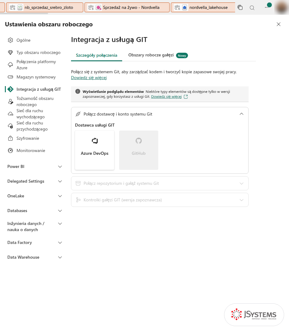 Ustawienia obszaru roboczego Fabric, zakładka Integracja z usługą Git z wyborem dostawcy Azure DevOps albo GitHub