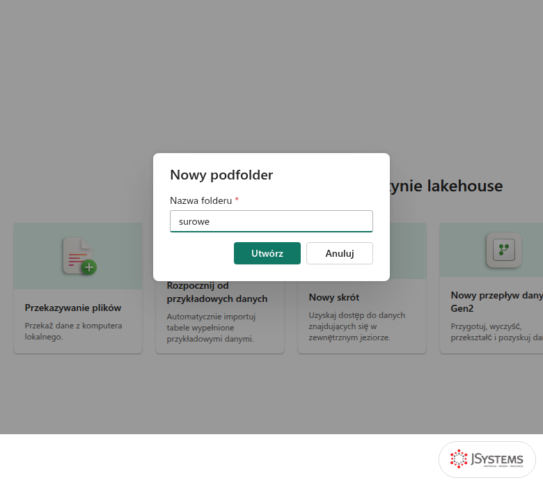 Okno Nowy podfolder w lakehouse Fabric z nazwą folderu surowe