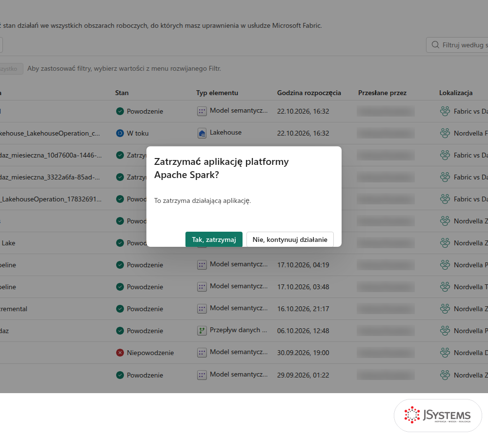 Okno potwierdzenia w monitorze Fabric: Zatrzymać aplikację platformy Apache Spark z przyciskiem Tak, zatrzymaj