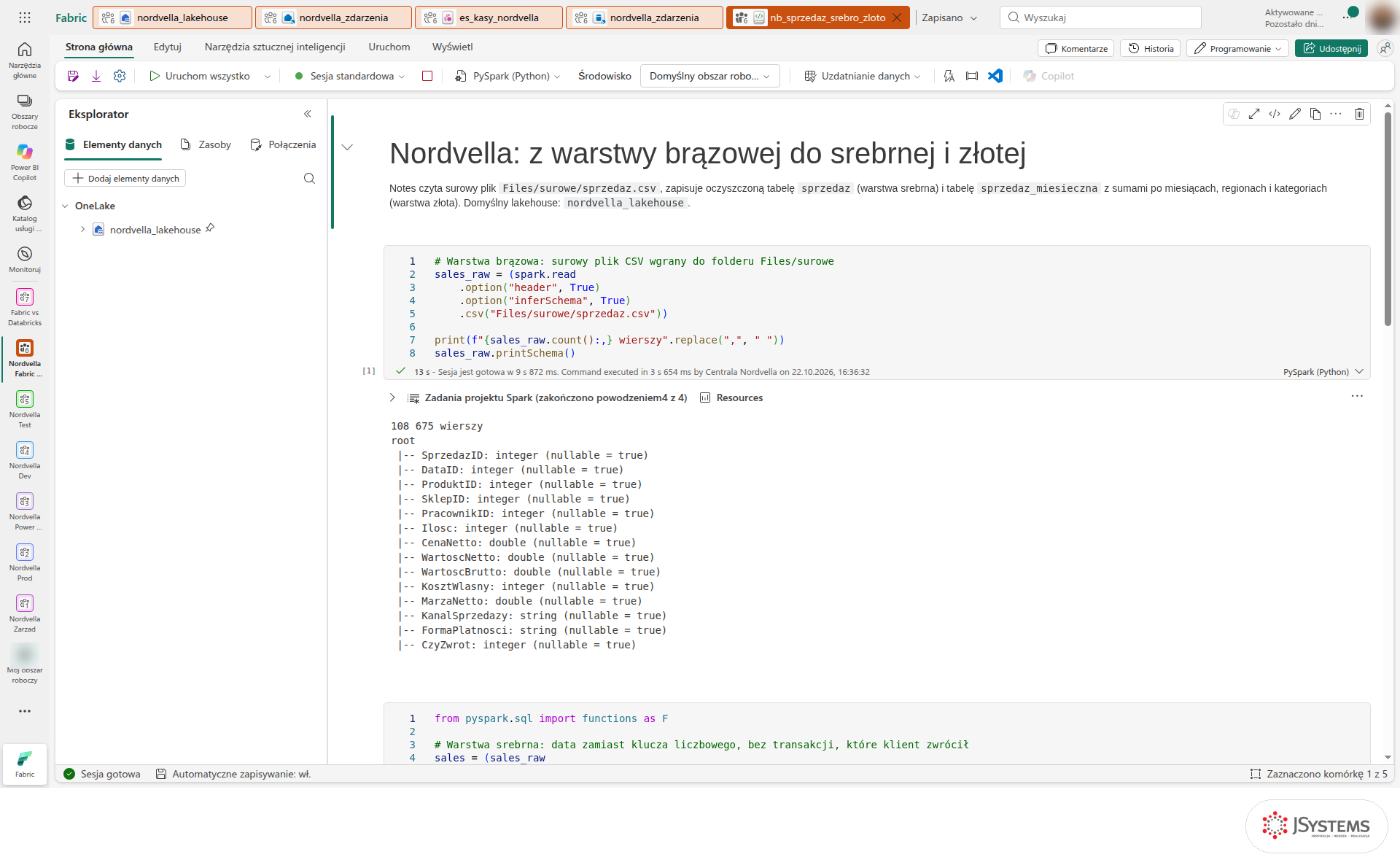 Notes PySpark w Fabric: odczyt pliku sprzedaz.csv z Files/surowe, 108 675 wierszy i schemat kolumn