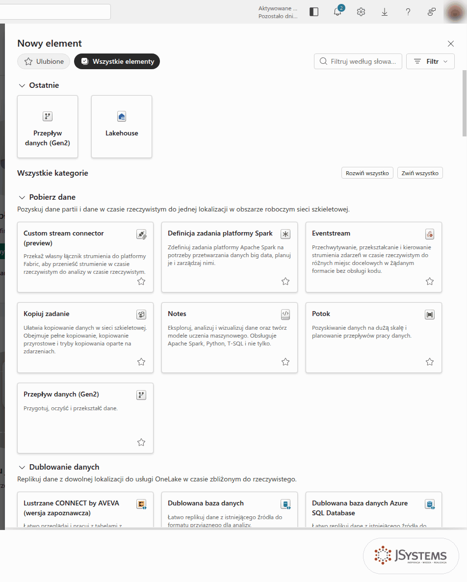 Animacja panelu Nowy element w Microsoft Fabric: kolejne grupy elementów od pobierania danych do śledzenia danych