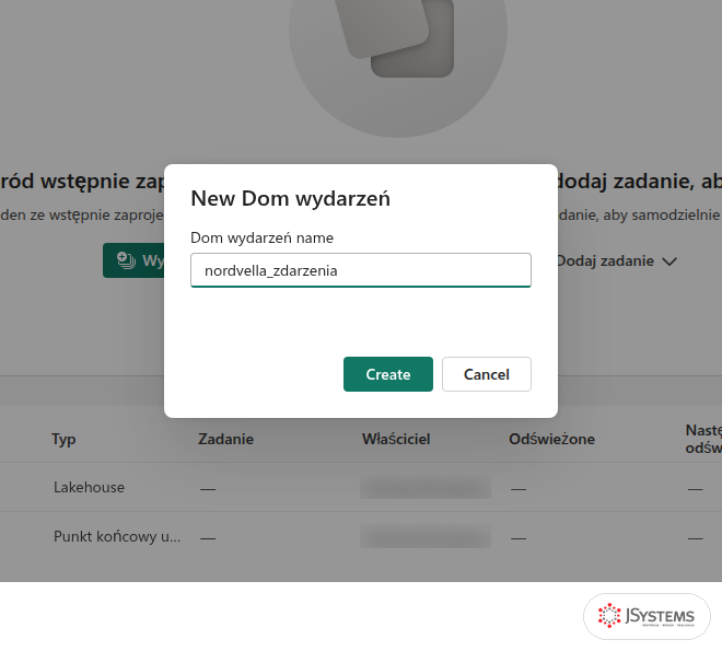 Okno tworzenia domu wydarzeń (Eventhouse) w Fabric z nazwą nordvella_zdarzenia