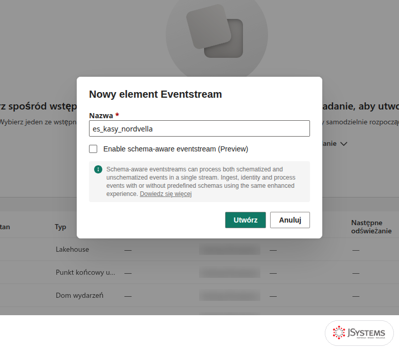 Okno Nowy element Eventstream w Fabric z nazwą es_kasy_nordvella i opcją schematów w wersji zapoznawczej