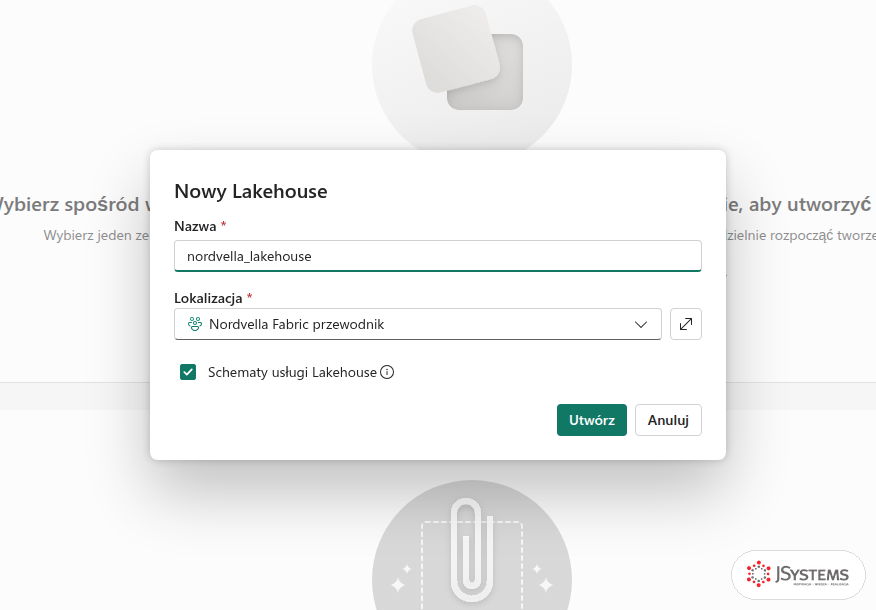 Okno Nowy Lakehouse w Fabric z nazwą nordvella_lakehouse i zaznaczonymi schematami usługi Lakehouse