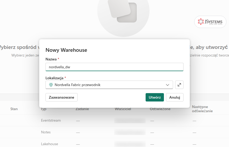 Okno Nowy Warehouse w Microsoft Fabric z nazwą nordvella_dw i lokalizacją w obszarze roboczym