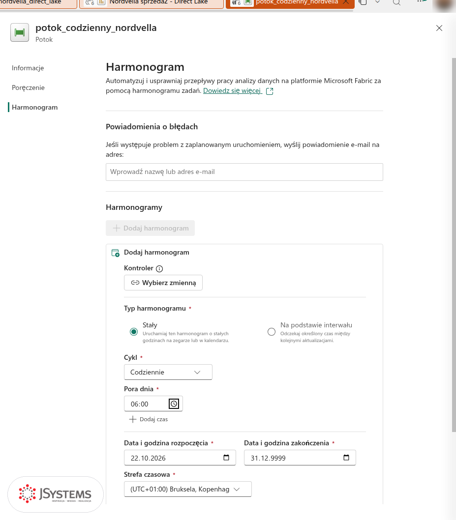 Harmonogram potoku w Fabric: typ stały, cykl codziennie, pora dnia 06:00 i strefa czasowa UTC+01:00