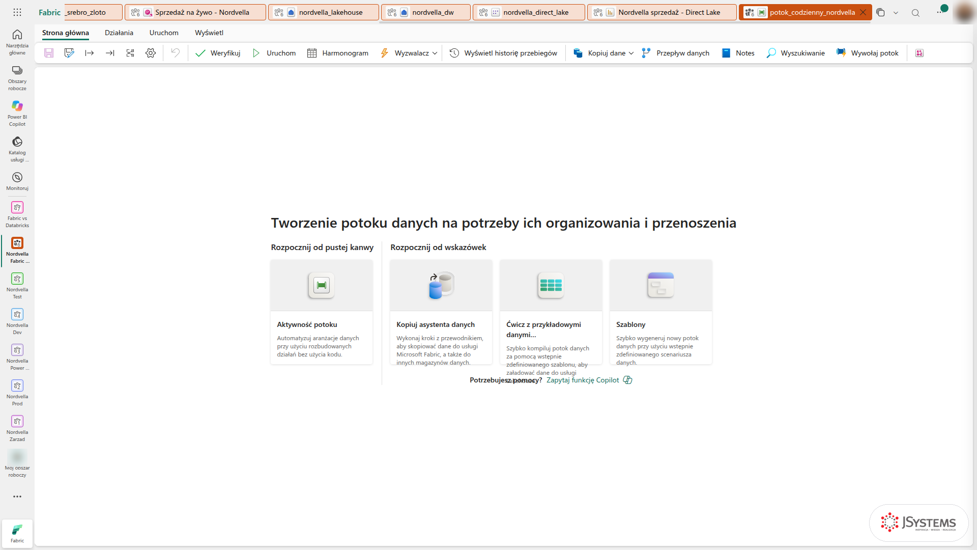 Ekran startowy nowego potoku Data Factory w Fabric: pusta kanwa, asystent kopiowania danych, przykładowe dane i szablony